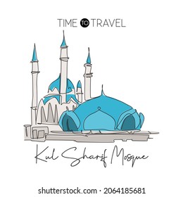 Un único hito continuo dibujando la Mezquita Kul Sharif. Hermoso lugar famoso en la Rusia kazana. El concepto de arte de los afiches de decoración de paredes de casa en el mundo del lugar sagrado. Ilustración vectorial de diseño de una línea dinámica