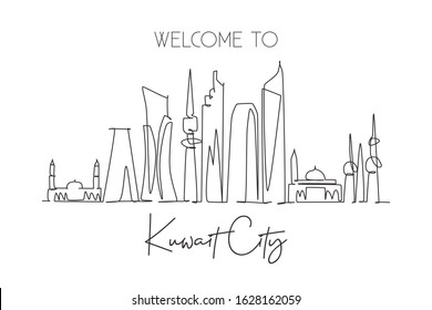 Single continuous line drawing of Kuwait city skyline Middle East. Famous city scraper and landscape home decor wall poster print. World travel concept. Modern one line draw design vector illustration