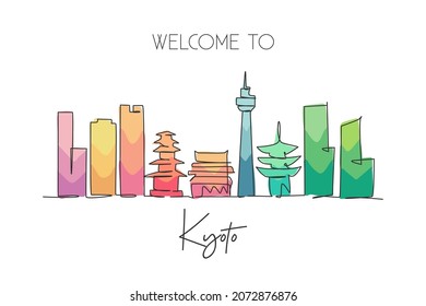 Dibujo de una sola línea continua del horizonte de la ciudad de Kyoto, Japón. Famoso rascacielos y paisaje. Concepto de viajes en el mundo decoración de casa estampado de afiches de arte en la pared. Ilustración vectorial de diseño de dibujo de una línea moderna