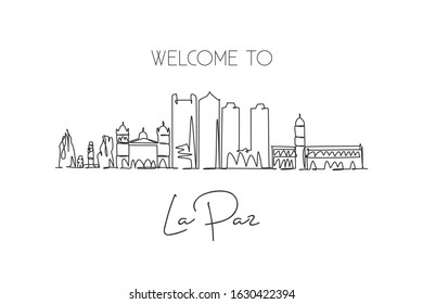 Single continuous line drawing of La Paz city skyline, Bolivia. Famous city scraper and landscape. World travel destination concept. Editable stroke modern one line draw design vector art illustration