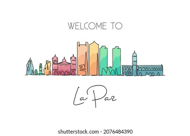 Single Continuous Line Drawing Of La Paz City Skyline, Bolivia. Famous City Scraper And Landscape. World Travel Destination Concept. Editable Stroke Modern One Line Draw Design Vector Art Illustration