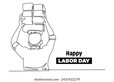 Single continuous line drawing of labour carries pile of bricks on his had. Labor minimalist concept. Banner and logo for baner days. simple line.