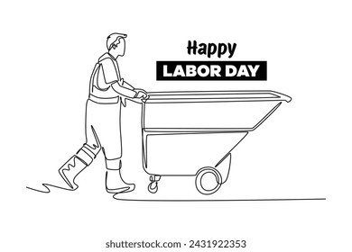 Single continuous line drawing of labourer pushing cart. Labor minimalist concept. Banner and logo for labor days. simple line.