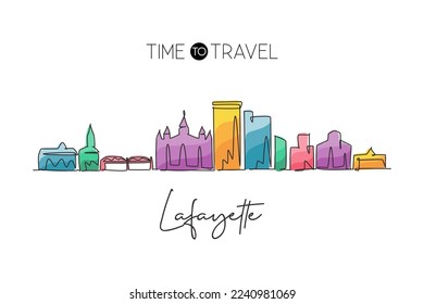 Single continuous line drawing of Lafayette skyline, Louisiana. Famous city scraper landscape. World travel home wall decor art poster print concept. Modern one line draw design vector illustration