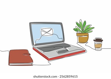 Single continuous line drawing laptop on the desk showing a picture of a large envelope. Important email notifications enabled. Technology. National Email Day. One line design vector illustration
