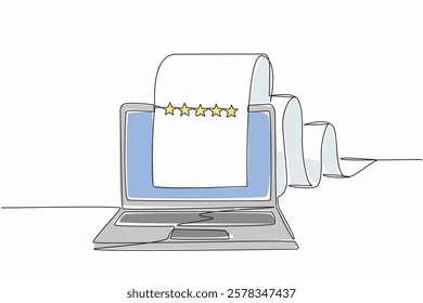 Single continuous line drawing laptop with paper rolling out of the screen to the back. Review page. Providing feedback for quality improvement. Write a Review Day. One line design vector illustration