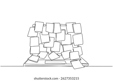 Single continuous line drawing laptop screen surface covered with lots of memo papers. Important sticky notes manual. Many deadlines. Information National Memo Day. One line design vector illustration