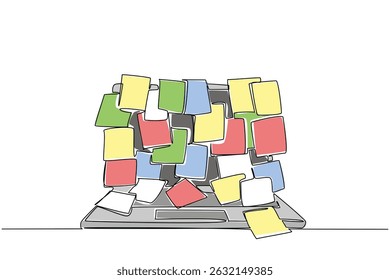 Single continuous line drawing laptop screen surface covered with lots of memo papers. Important sticky notes manual. Many deadlines. Information National Memo Day. One line design vector illustration
