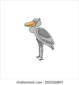 Single continuous line drawing of large adorable shoebill for logo identity. Big prehistoric dinosaur bird mascot concept for conservation park icon. Modern one line draw design vector illustration