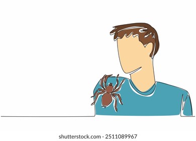 Una sola línea continua dibujando una Grande araña pegada a la manga de un hombre. Mantener las tarántulas como mascotas. Una mascota popular. Valor único. Valiente. Guardar Nacional: un Día de la Araña. Ilustración vectorial de diseño de una línea