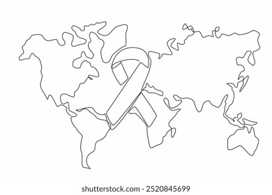 Single continuous line drawing large campaign ribbon on world map background. Awareness and support for various causes. Support for individuals. Rare Disease Day. One line design vector illustration