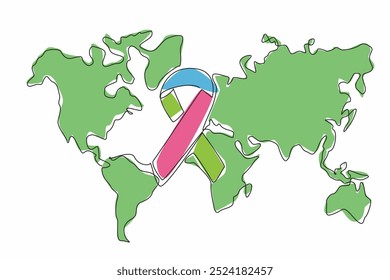 Uma linha contínua desenhando grande faixa de campanha no fundo do mapa mundial. Sensibilização e apoio para várias causas. Apoio a indivíduos. Dia da Doença Rara. Ilustração de vetor de design de uma linha