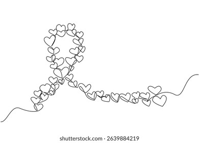 Single continuous line drawing large campaign ribbon formed from collection of small hearts of varying sizes. Caring ribbon. Symbol. World Multiple Sclerosis Day. One line design vector illustration