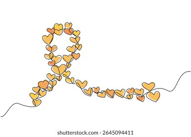 Single continuous line drawing large campaign ribbon formed from collection of small hearts of varying sizes. Caring ribbon. Symbol. World Multiple Sclerosis Day. One line design vector illustration