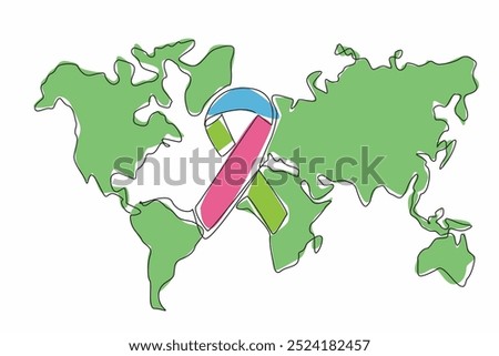 Single continuous line drawing large campaign ribbon on world map background. Awareness and support for various causes. Support for individuals. Rare Disease Day. One line design vector illustration