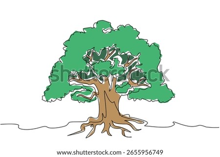 Single continuous line drawing large tree with shady leaves and branched roots. Fertile soil helps trees grow until they are shady. Dense banyan tree. Tree Concept. One line design vector illustration