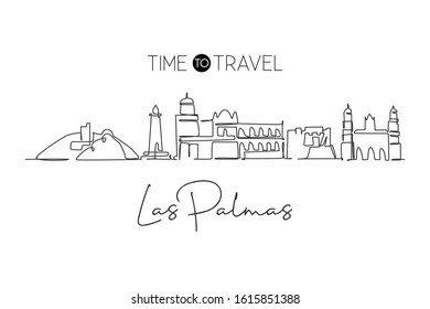 Single continuous line drawing Las Palmas city skyline, Spain. Famous skyscraper landscape postcard. World travel home wall decor poster print concept. Modern one line draw design vector illustration