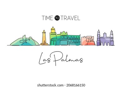 Single continuous line drawing Las Palmas city skyline, Spain. Famous skyscraper landscape postcard. World travel home wall decor poster print concept. Modern one line draw design vector illustration
