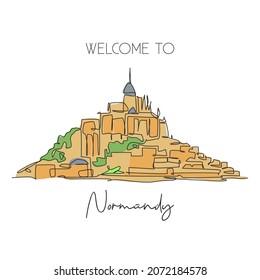 Single continuous line drawing Le Mont Saint Michel landmark. Beautiful famous place in Normandy, France. World travel tour home wall decor art concept. Modern one line draw design vector illustration