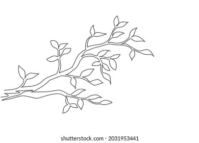 Single continuous line drawing leaf hanging from tree branch. Spring planting. Early seedlings grown from seeds. Agriculture. Earth day, ecology concept. Dynamic one line draw graphic design vector