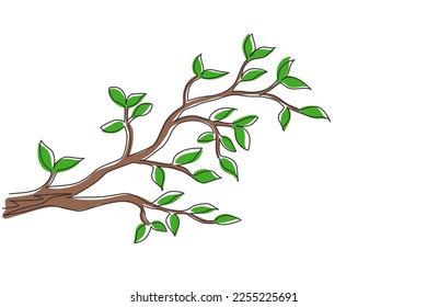 Single continuous line drawing leaf hanging from tree branch. Spring planting. Early seedlings grown from seeds. Agriculture. Earth day, ecology concept. Dynamic one line draw graphic design vector