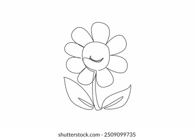 Línea continua que dibuja la flor frondosa con la boca sonriente en el medio. La hermosa naturaleza es una delicia para todos. Muy feliz. Día Internacional de la Felicidad. Ilustración vectorial de diseño de una línea