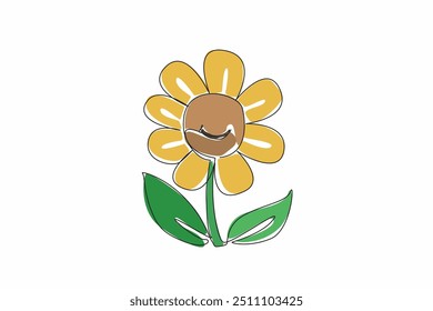 Línea continua que dibuja la flor frondosa con la boca sonriente en el medio. La hermosa naturaleza es una delicia para todos. Muy feliz. Día Internacional de la Felicidad. Ilustración vectorial de diseño de una línea