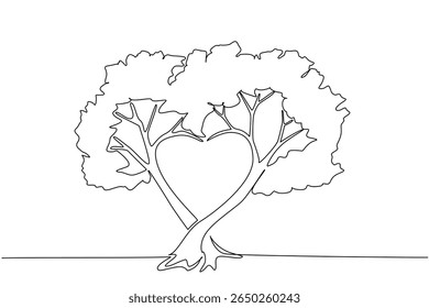 Single continuous line drawing leafy tree with the middle of the branches forming love shape. A very shady tree that is cared for with all the heart. Tree Concept. One line design vector illustration