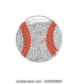 Single continuous line drawing leather baseball ball. American traditional sports game. Baseball. Baseball ball and bats. Swirl curl style. Dynamic one line draw graphic design vector illustration