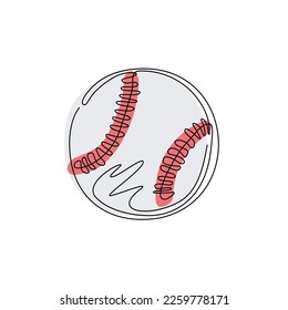 Single continuous line drawing leather baseball ball symbol logo. Decoration for greeting cards, posters, patches, prints for clothes, emblems. Dynamic one line draw graphic design vector illustration