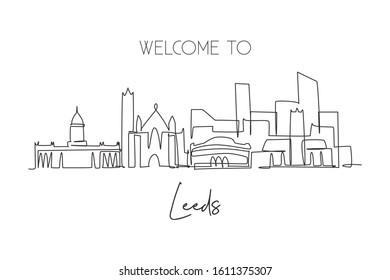 Single continuous line drawing of Leeds city skyline. Famous city skyscraper landscape. World travel campaign home decor wall art poster print concept. Modern one line draw design vector illustration