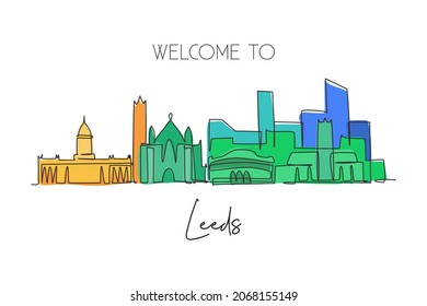 Single continuous line drawing of Leeds city skyline. Famous city skyscraper landscape. World travel campaign home decor wall art poster print concept. Modern one line draw design vector illustration