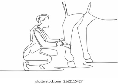 Single continuous line drawing a leg of horse is being bandaged by crouching female veterinarian. Done carefully. Fear of going berserk. National Help A Horse Day. One line design vector illustration