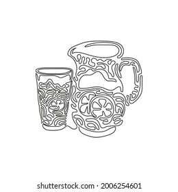 Single continuous line drawing lemonade in jug and glass. Glass and pitcher with lemons and ice cubes. Freshness cold drink. Swirl curl style. Dynamic one line draw graphic design vector illustration