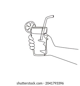 Single continuous line drawing lemonade served with ice cubes, hand holding refreshing beverage glass. Drink made of fresh lemon juice. Juicy water with straw. One line draw graphic design vector