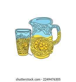 Single continuous line drawing lemonade in jug and glass. Glass and pitcher with lemons and ice cubes. Freshness cold drink. Swirl curl style. Dynamic one line draw graphic design vector illustration