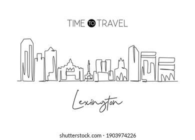 Single continuous line drawing Lexington city skyline, Kentucky. Famous city scraper landscape. World travel home wall decor art poster print concept. Modern one line draw design vector illustration