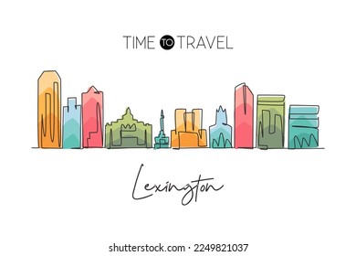 Single continuous line drawing Lexington city skyline, Kentucky. Famous city scraper landscape. World travel home wall decor art poster print concept. Modern one line draw design vector illustration