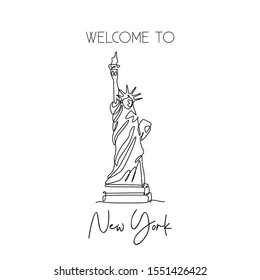 Single Continuous Line Drawing Of Liberty Statue. Iconic Landmark Place In New York City, United States. Home Decor Wall Art Poster Print Concept. Modern One Line Draw Design Vector Illustration