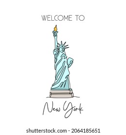 Single continuous line drawing of Liberty Statue. Iconic landmark place in New York City, United States. Home decor wall art poster print concept. Modern one line draw design vector illustration