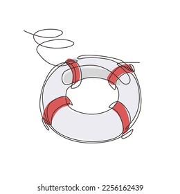 Single continuous line drawing lifebuoys, rescue belts, inflatable rubber ring with rope for help and safety of life drowning. Rescue ring for quick help. One line draw design vector illustration