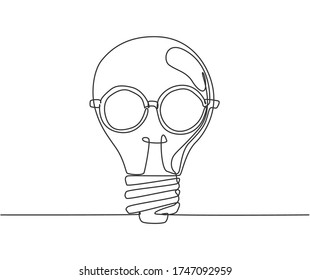 Single continuous line drawing of light bulb with round old glasses logo label. Smart bright company icon label concept. Trendy one line draw graphic design vector illustration