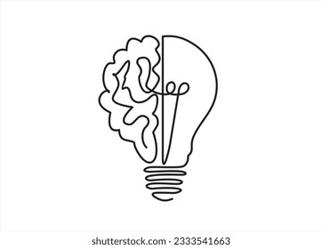 Single continuous line drawing of light bulb with human brain. Creative brain Idea concept with light bulb and brain