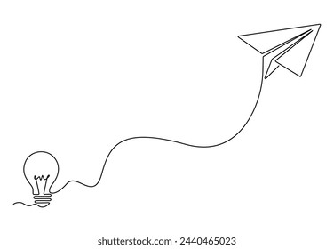 Single continuous line drawing of light bulb and paper plane vector illustration.