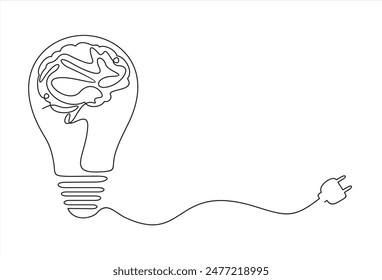 Single continuous line drawing of light bulb with human brain inside