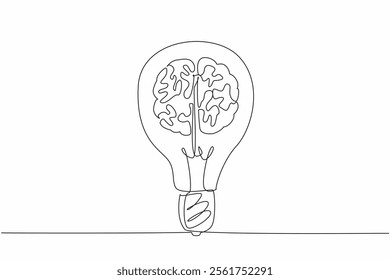 Single continuous line drawing the light bulb with a brain symbol in it. Brilliance of thinking produces innovative solutions. World Intellectual Property Day. One line design vector illustration