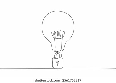 Single continuous line drawing a light bulb with a padlock at the bottom. Register the brilliant ideas to be protected by law. World Intellectual Property Day. One line design vector illustration