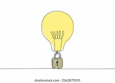 Single continuous line drawing a light bulb with a padlock at the bottom. Register the brilliant ideas to be protected by law. World Intellectual Property Day. One line design vector illustration