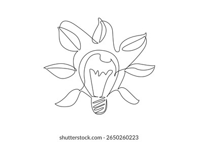 Single continuous line drawing light bulb surrounded by leaves. Renewable energy from plants as an energy source. Illuminate the dark. Environmental. Tree Concept. One line design vector illustration