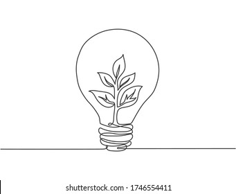 Single continuous line drawing of lightbulb with green natural leaf for company logo label. Green power innovation logotype symbol template concept. Dynamic one line draw graphic vector illustration